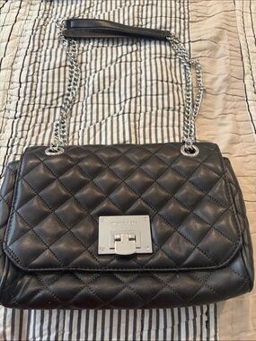 Michael Kors Quilted Black Leather Shoulder Bag with Silver Chain
